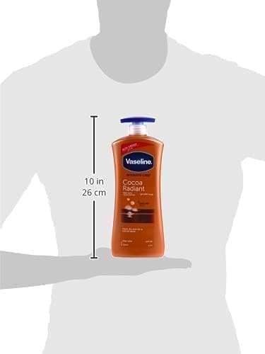 Vaseline Cocoa Radiant lotion bottle shown on a mannequin with measurement label